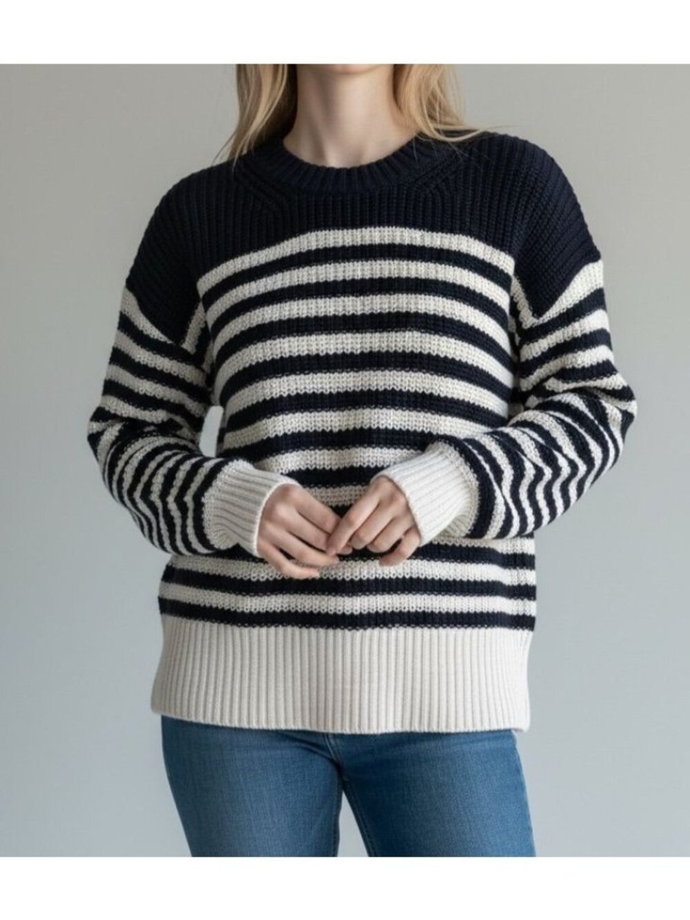 Classic Knit Striped Sweater S Navy Blue White J.Crew Preppy Classic EUC
